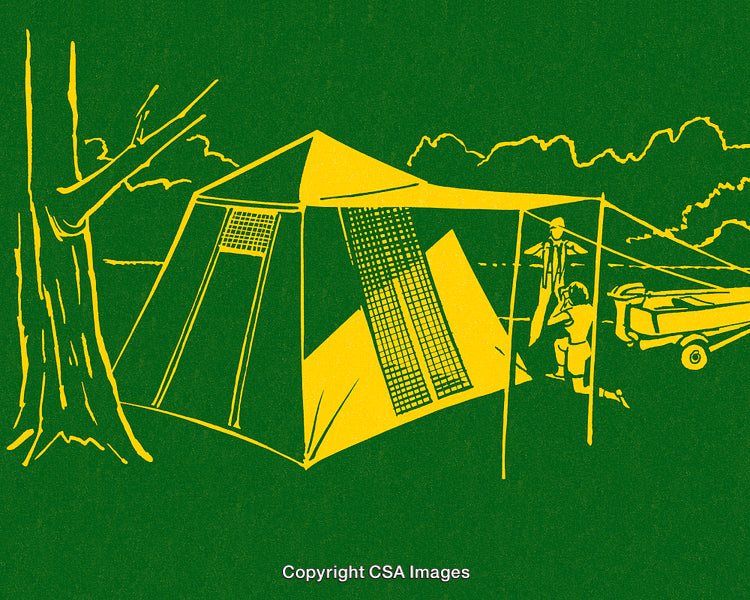 Illustrated Outdoor Camping Scene with Tent and Tree in Retro Style