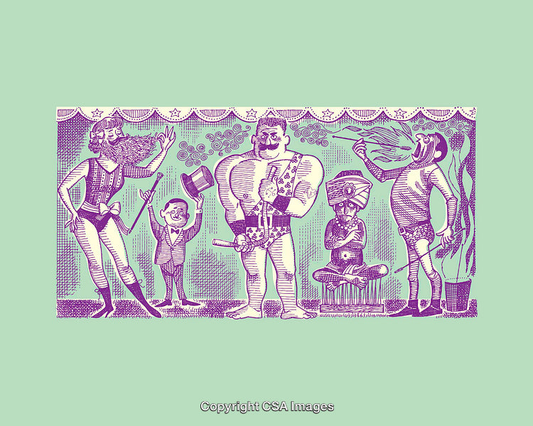 Colorful Line Art of Circus Performers in Whimsical Carnival Scene