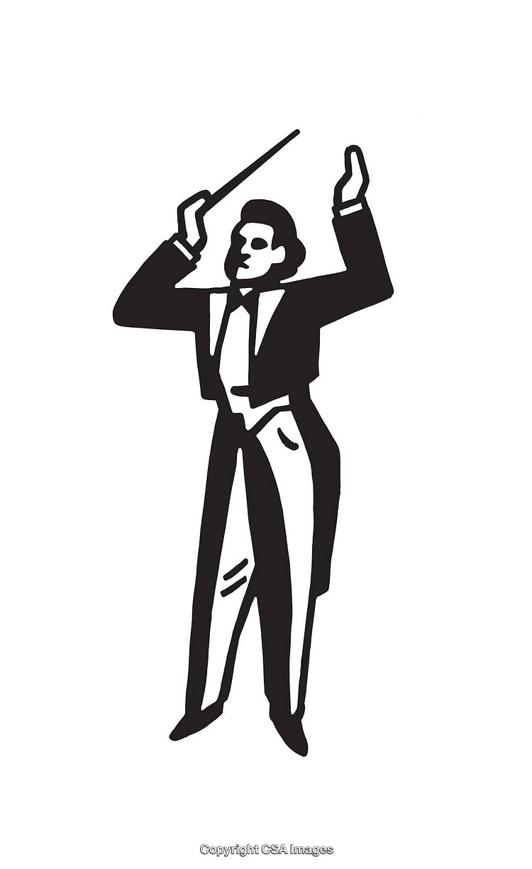 Black and White Line Art Illustration of a Music Conductor in Action