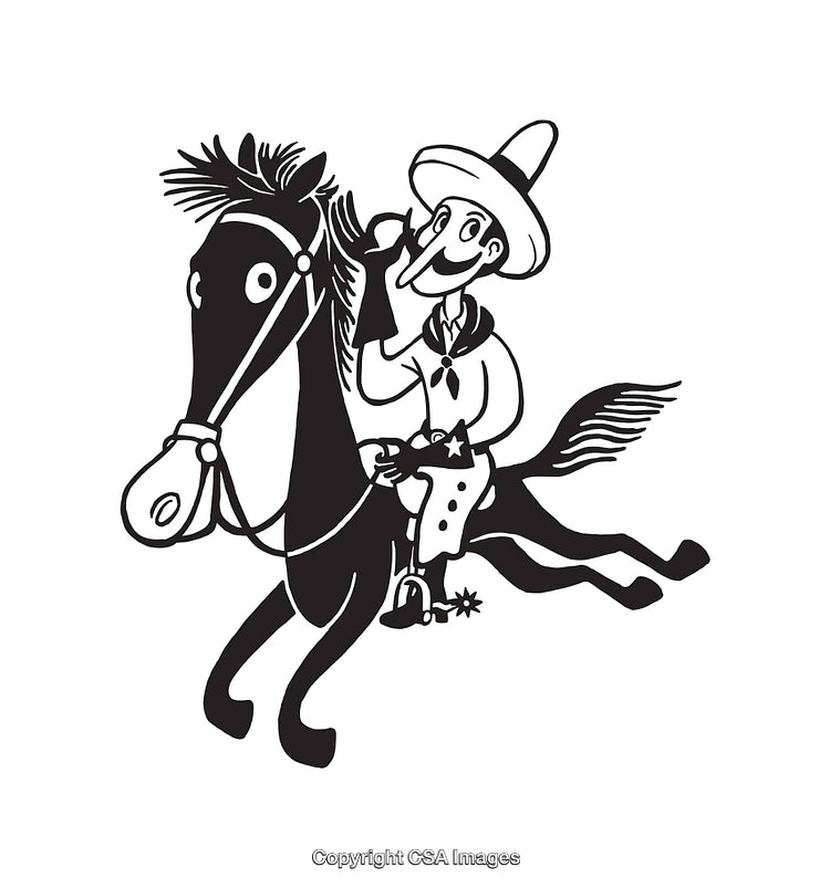 Stylized Black and White Illustration of a Cowboy on a Galloping Horse