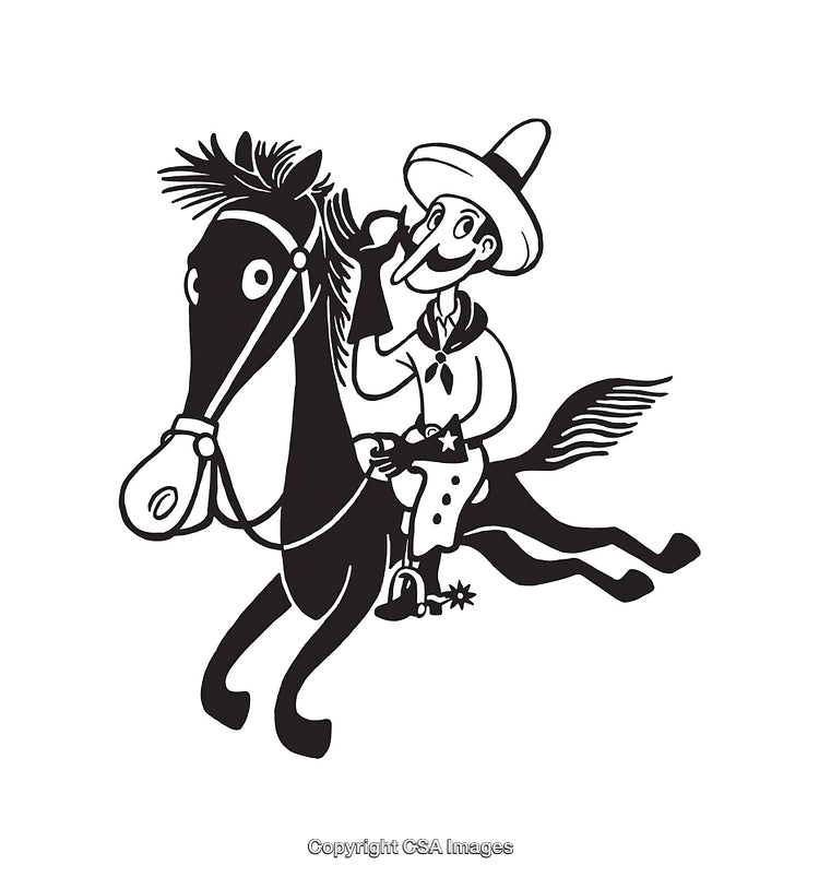 Stylized Black and White Illustration of a Cowboy on a Galloping Horse