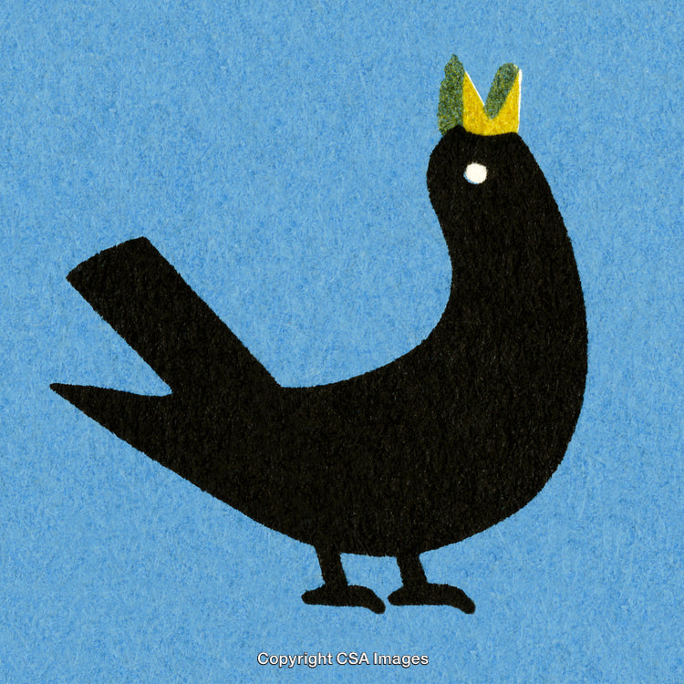 Minimalist Illustration of a Black Bird Wearing a Crown on a Blue Background