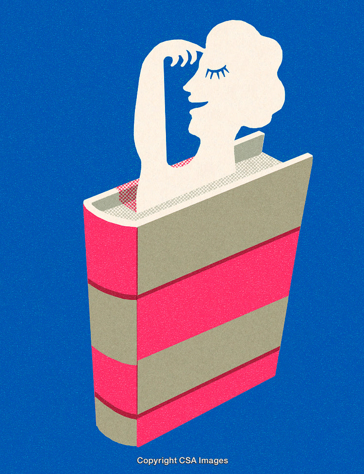 Creative Illustration of a Woman Emerging From a Stylized Book on Blue