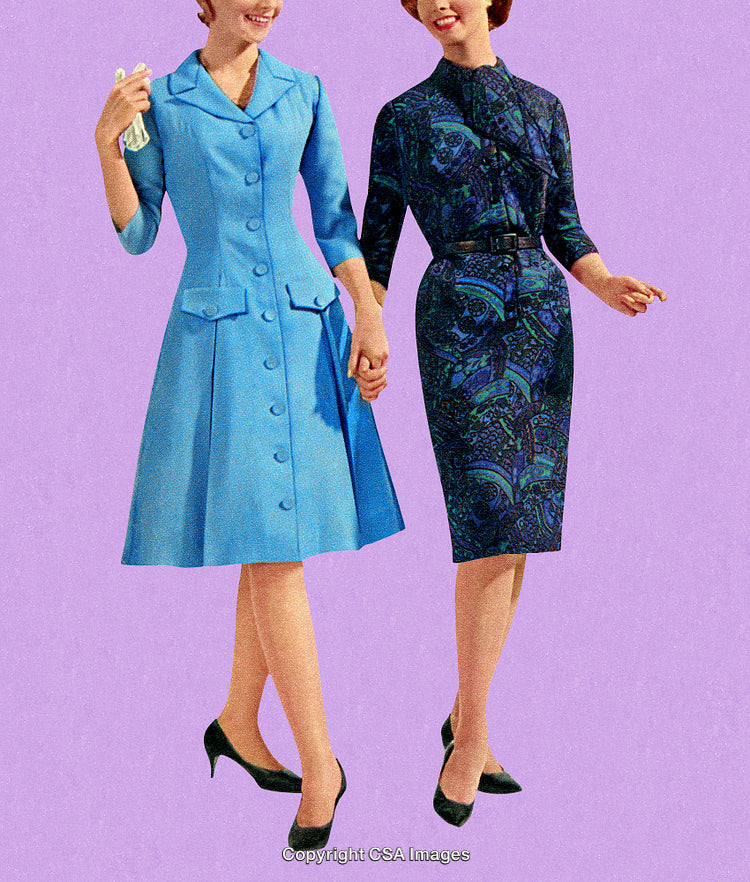 Stylized Retro Women in Vintage Dresses on a Bright Lavender Background