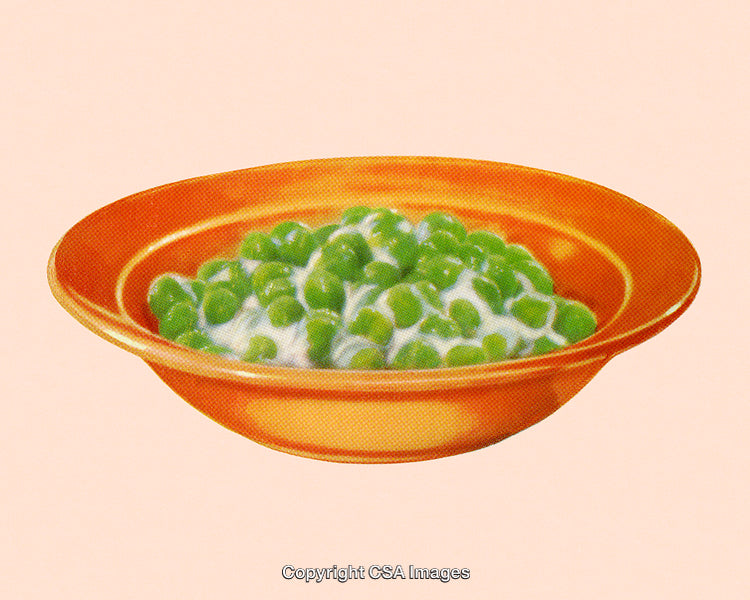 Retro Style Bowl of Creamed Peas in Bright Orange Dishware