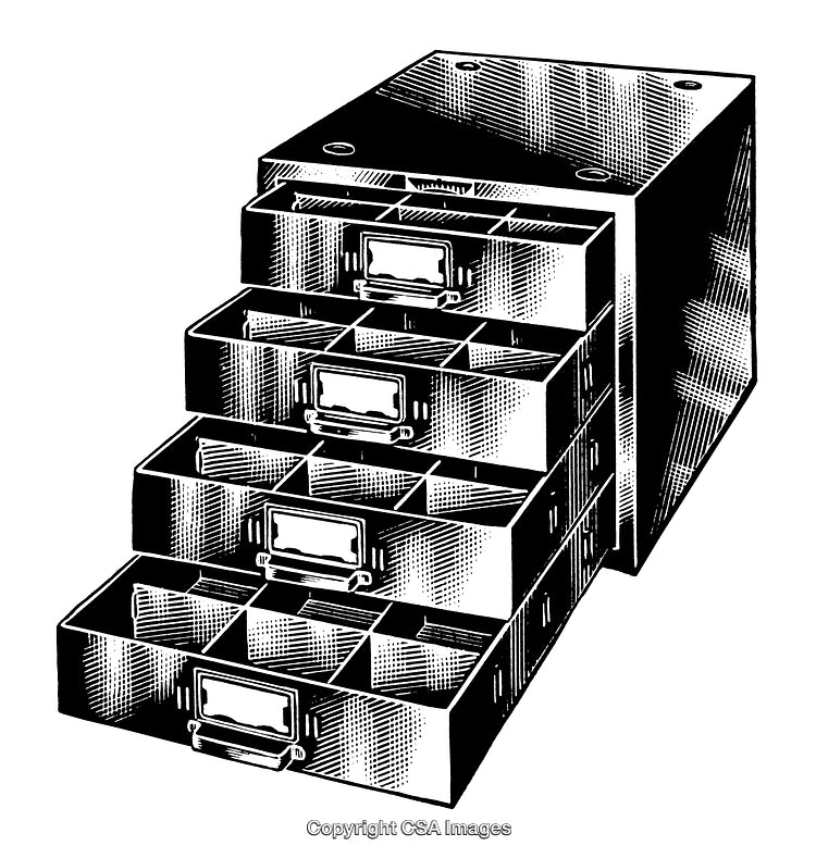 Detailed Black and White Engraving of a Storage Drawer Unit