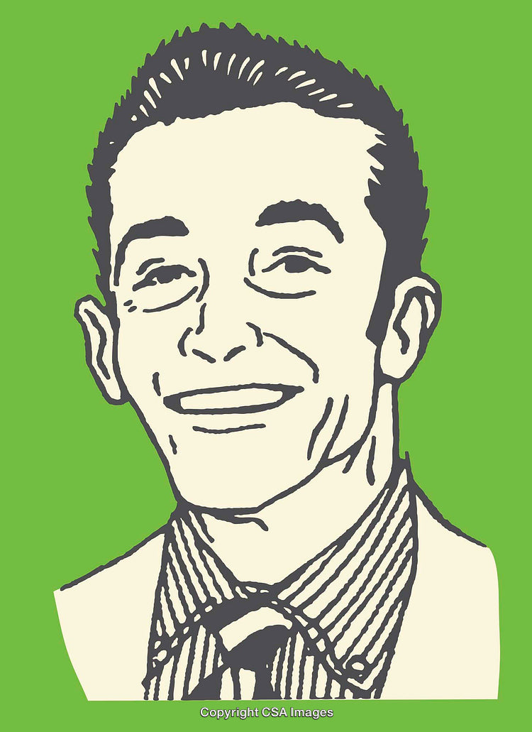 Stylized Retro Line Art Portrait of Smiling Man on Green Background