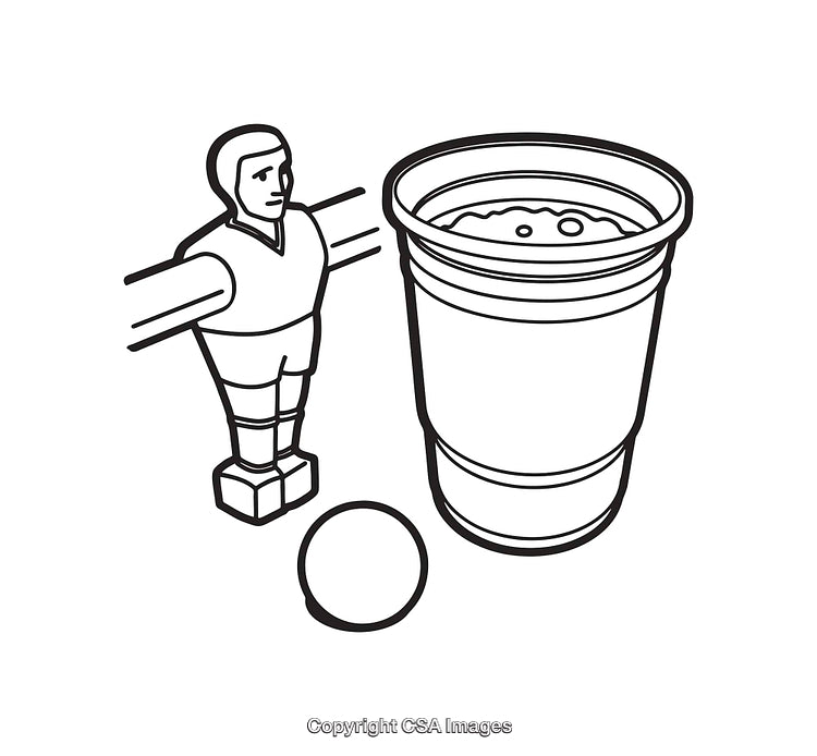 Black and White Illustration of Foosball Player with Cup and Ball