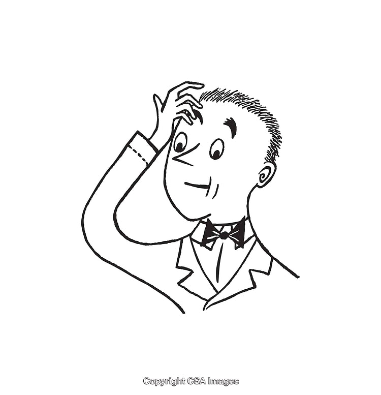 Black and White Line Art of Thoughtful Man Adjusting His Hair