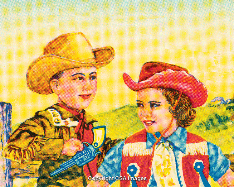 Vintage Illustration of Two Cheerful Children in Western Cowboy Costumes