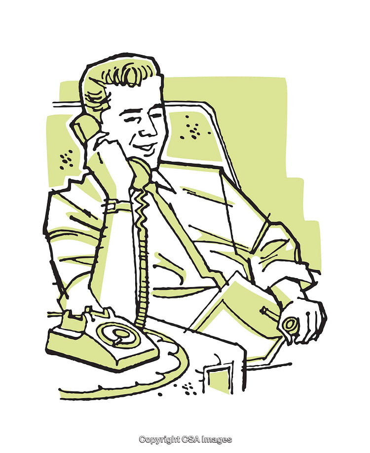 Retro Illustration of a Businessman Talking on an Office Rotary Phone