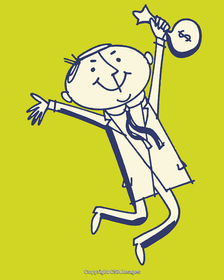 Cheerful Doodle of a Businessman Celebrating Financial Success Holding Prize Awards
