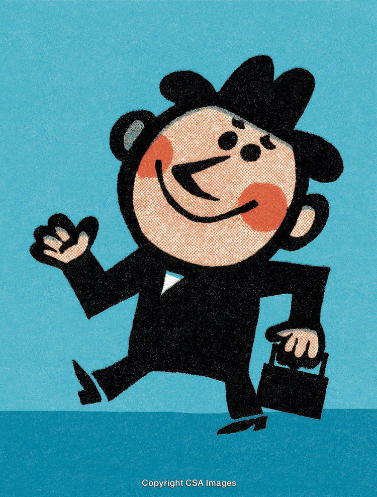 Retro Illustration of Cartoon Businessman in Suit and Hat Walking Forward