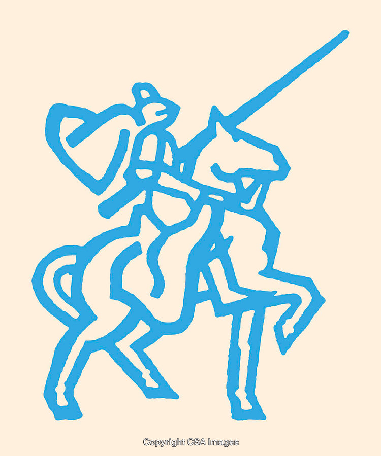 Blue Line Art Illustration of a Knight on Horseback Holding a Lance