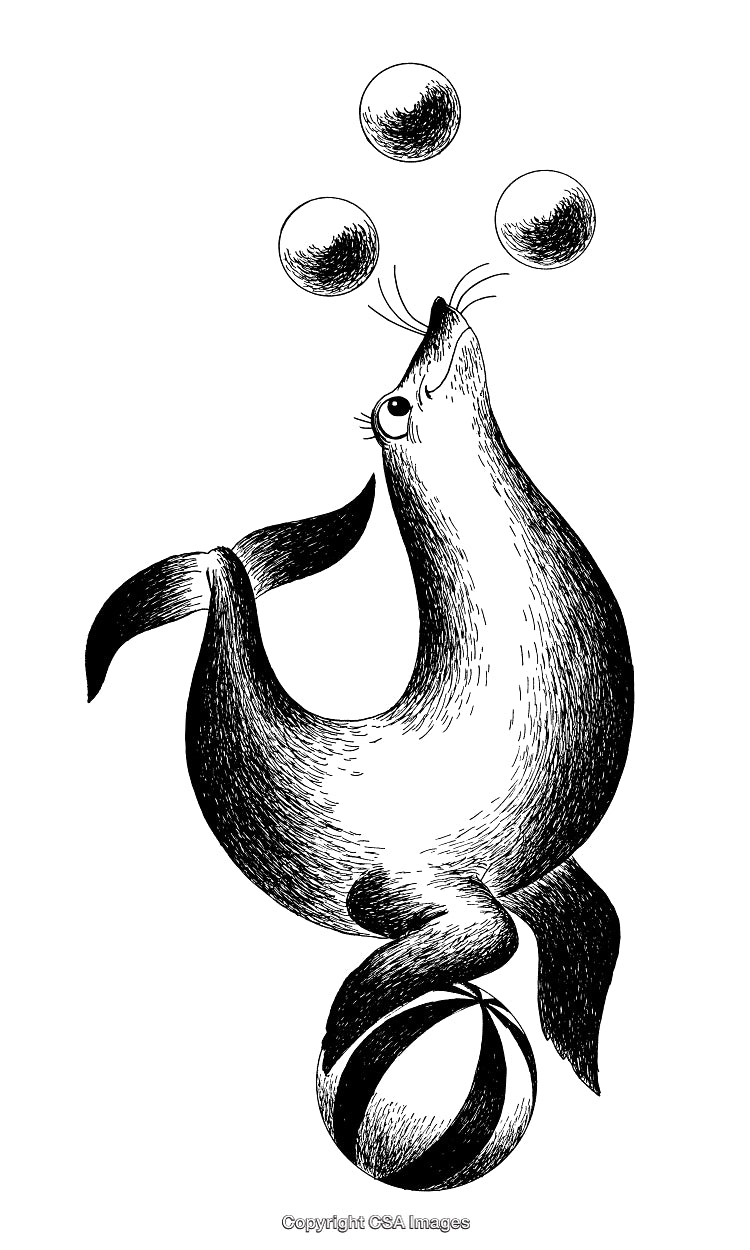 Whimsical Seal Balancing On Ball and Juggling in Black and White Art