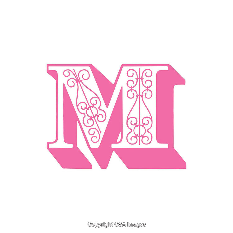 Elegant Pink Letter M with Ornamental Swirl Design on White Background