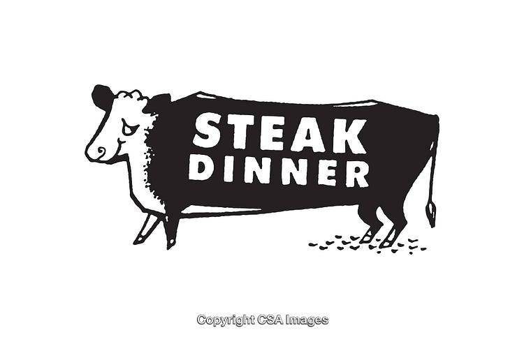 Black and White Line Art Drawing of a Cow with Steak Dinner Text