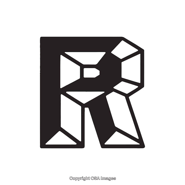 Stylized Geometric Letter R with Sharp Angular Design in Black and White