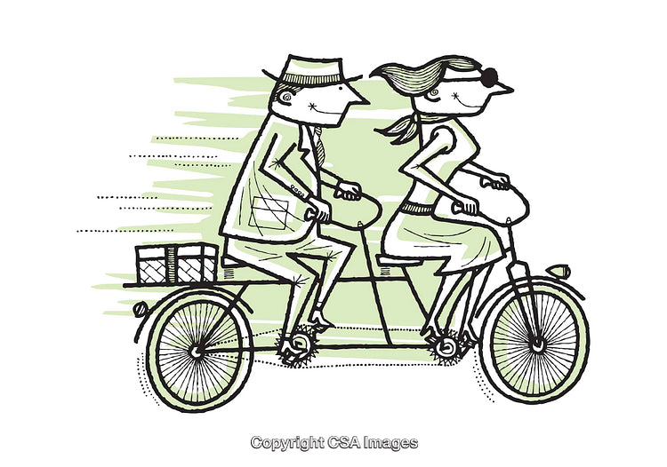 Cartoon Illustration of Couple Riding a Tandem Bicycle Together