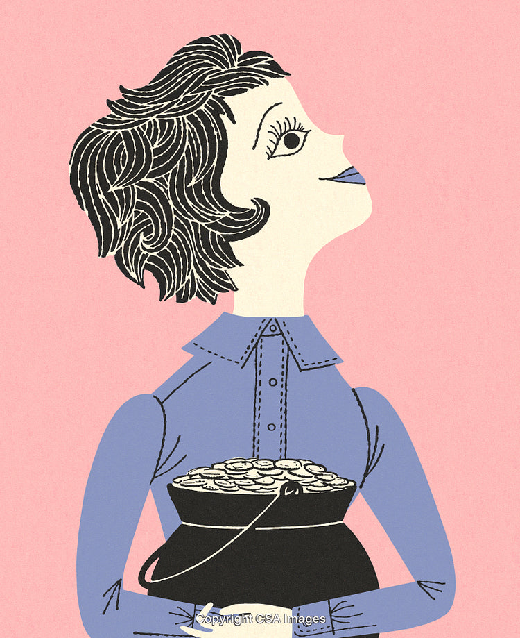 Stylized Illustration of a Woman Holding a Pot of Coins, Retro Style