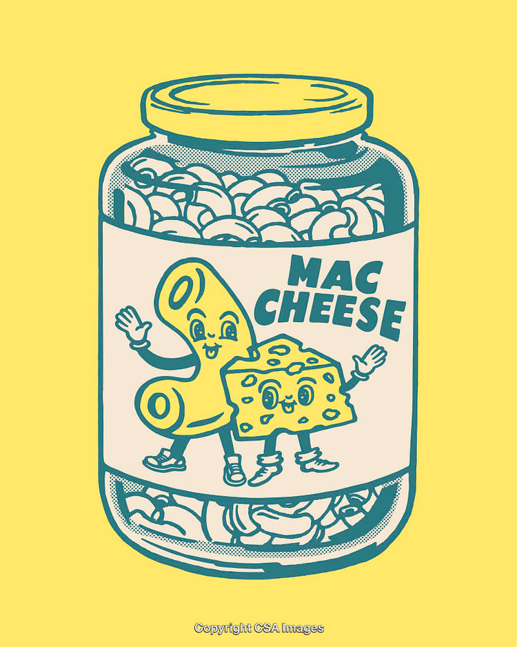 Cheerful Cartoon Macaroni and Cheese Jar Illustration on Yellow Background
