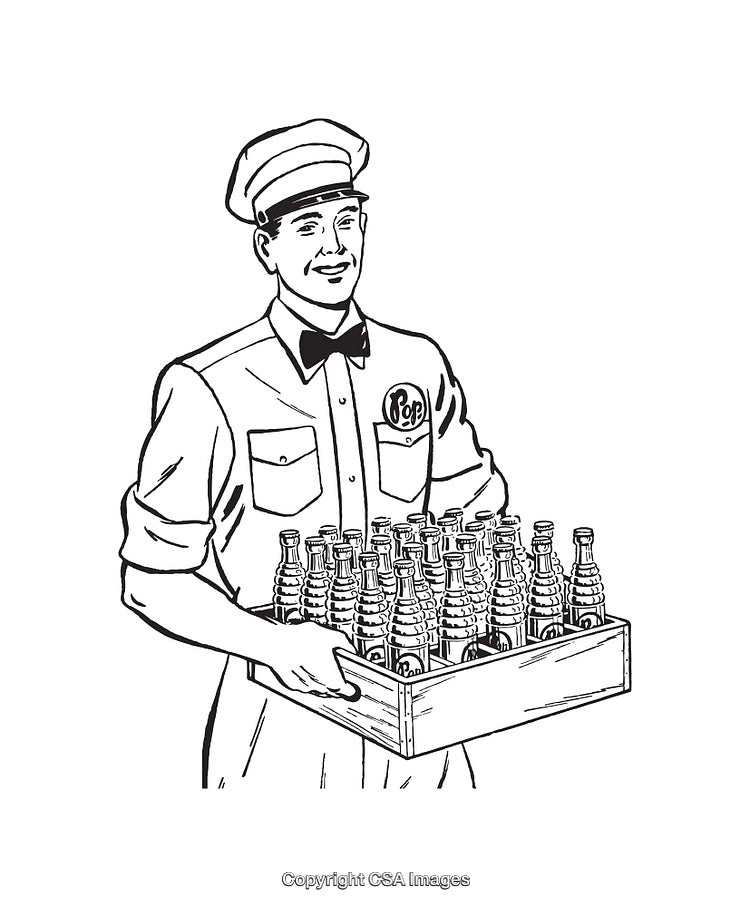 Vintage Line Art of a Soda Deliveryman Carrying Bottled Beverages
