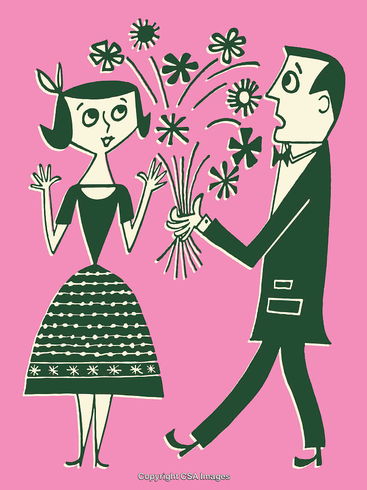 Retro Style Illustration of a Couple and a Greeting Bouquet of Flowers