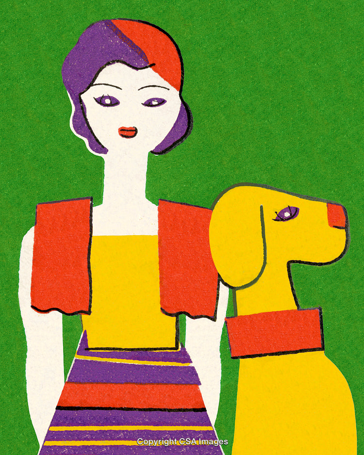 Abstract Artwork of Woman and Dog Against a Green Background