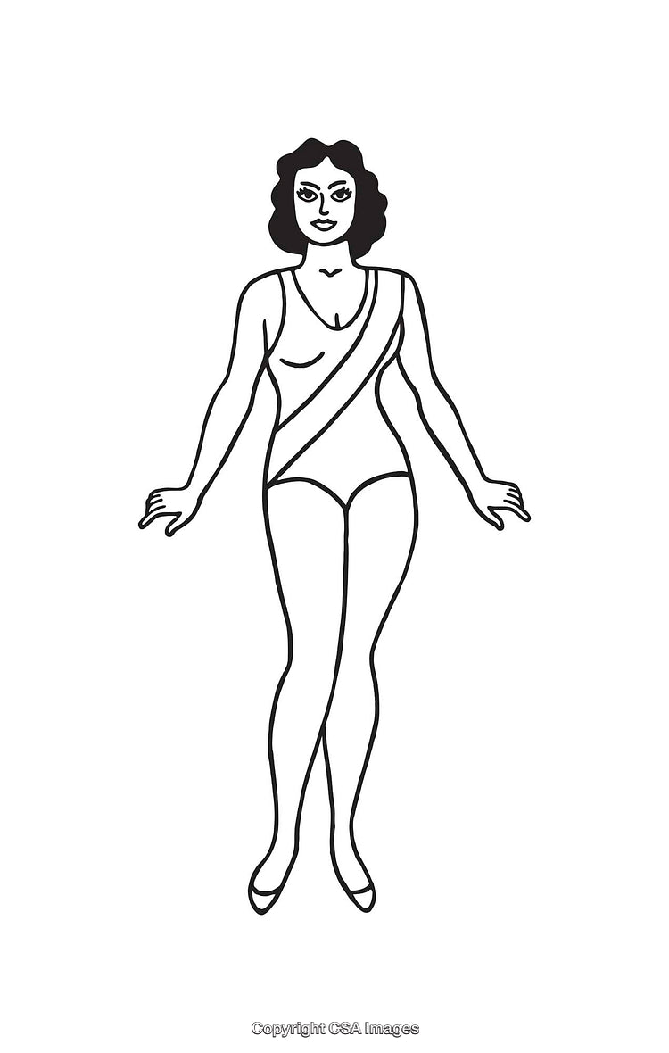 Black and White Line Art of Elegant Woman Standing in Stylish Outfit