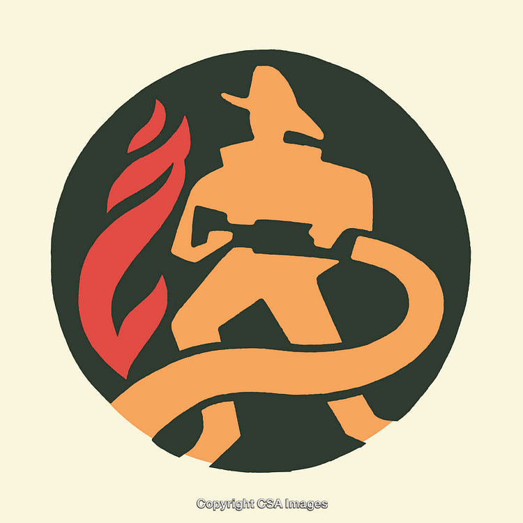 Abstract Illustration of Firefighter and Flame in Bold Colorful Style