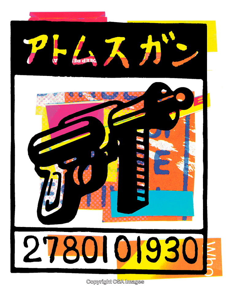 Creative Pop Art Featuring a Colorful Handgun and Japanese Typography