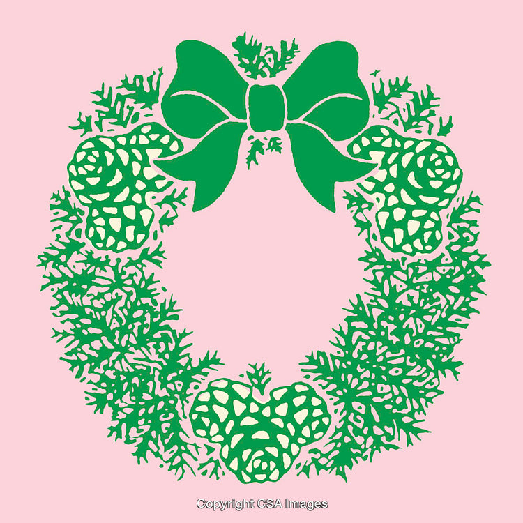 Green Holiday Wreath Illustration with Bow and Pinecones on Pink Background
