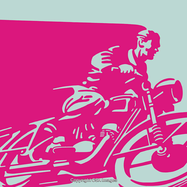 Retro Line Art of Man Riding a Motorcycle in Bold Pink and Blue
