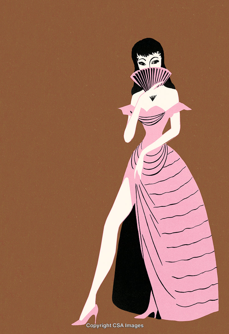 Elegant Illustration of a Woman in a Pink Gown Holding a Fan