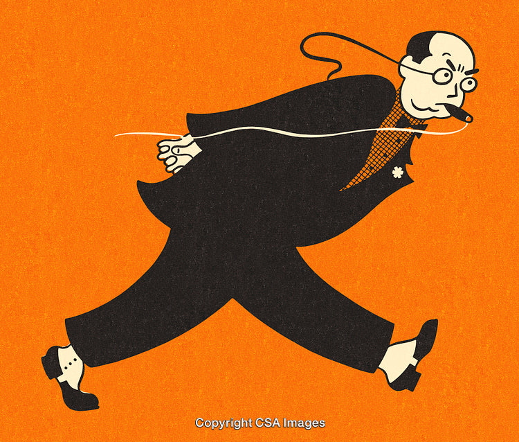 Cartoon Illustration of a Businessman Walking With Purpose on an Orange Background