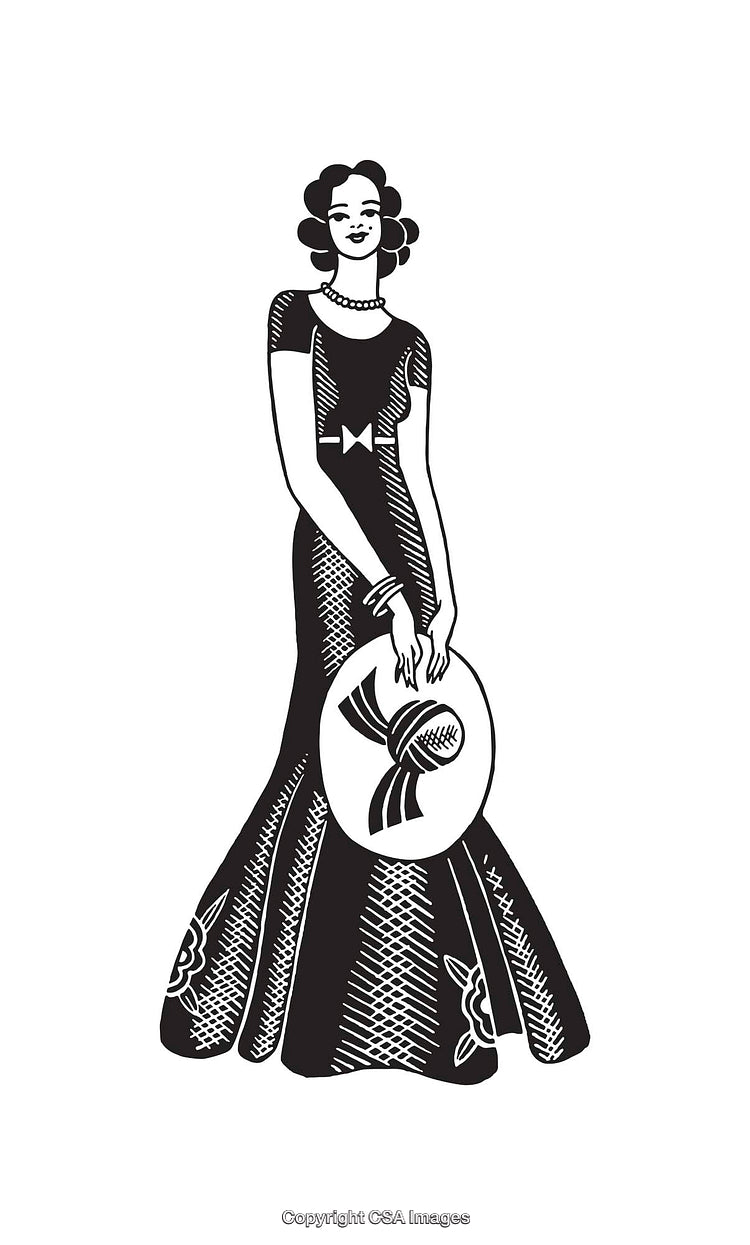 Elegant Lady in Vintage Black and White Line Art Illustration