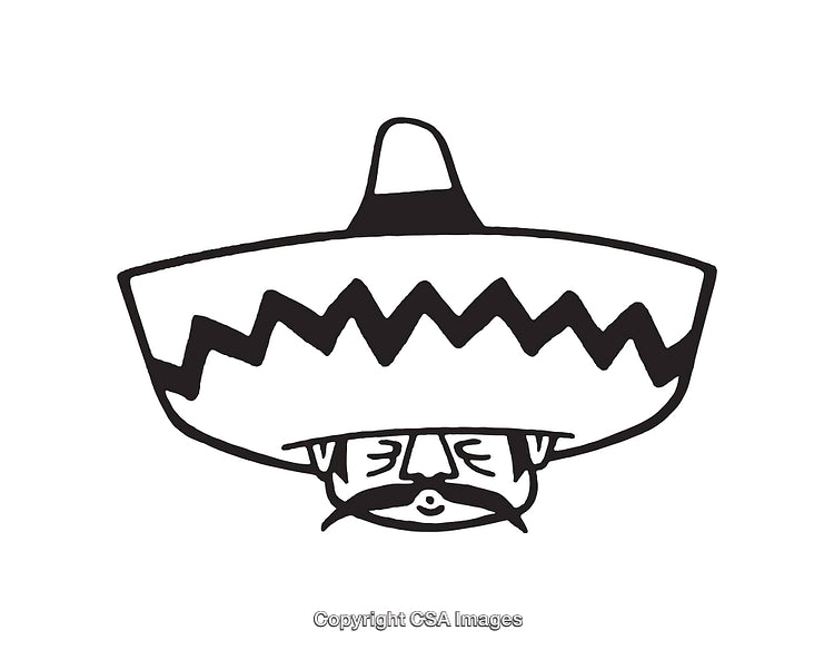Black and White Line Art Illustration of a Man with Sombrero