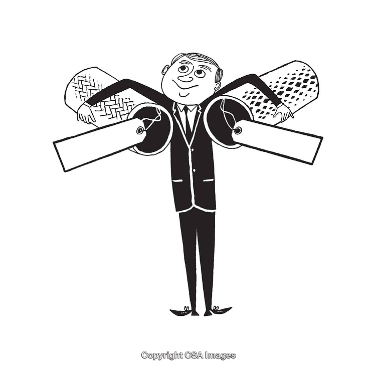Black And White Illustration of a Businessman Holding Rolls of Fabric