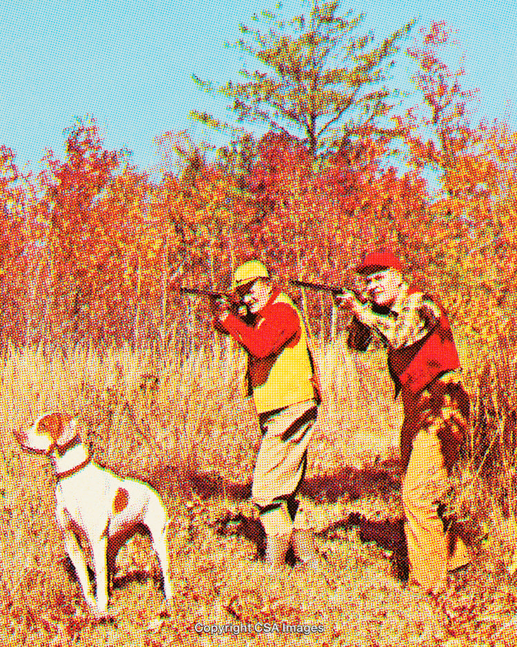 Two Hunters and Dog in Autumn Forest Scene With Vintage Halftone Style