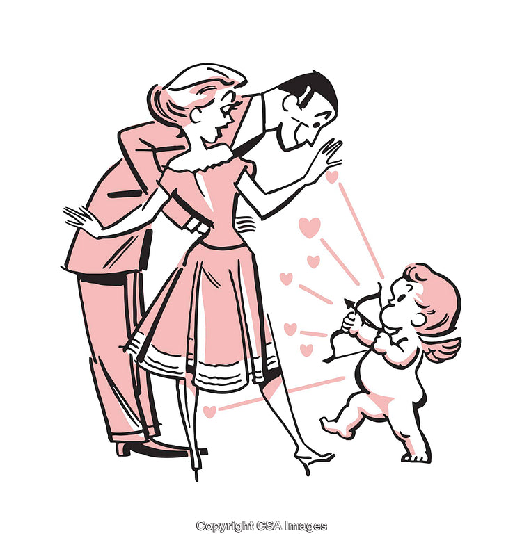 Cartoon Love Concept with Cupid Aiming at Romantic Couple