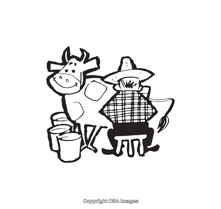 Black and White Illustration of Farmer Milking a Cow in a Rural Scene