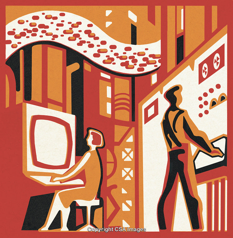 Abstract Illustration of People Working in a Retro Industrial Setting