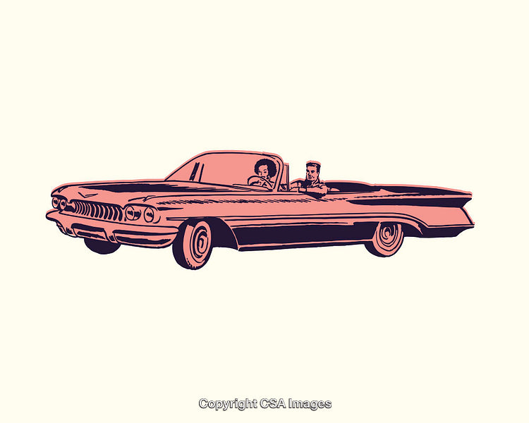 Vintage Style Illustration of a Convertible Car with Passengers
