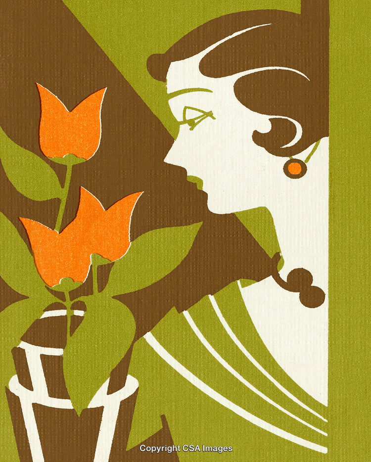 Elegant Art Deco Illustration Featuring a Woman Admiring Tulips