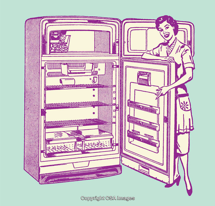 Retro Line Art Illustration of a Woman Standing by an Open Vintage Refrigerator