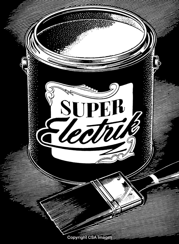 Black and White Engraving of Paint Can with Brush