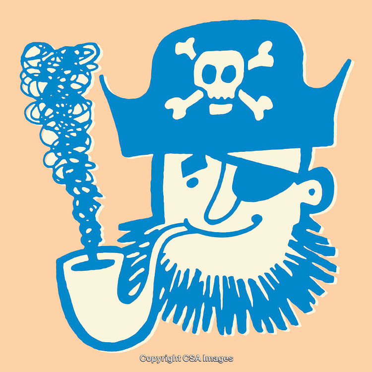 Cartoon Pirate Smoking Pipe with Skull Hat in Blue Line Art