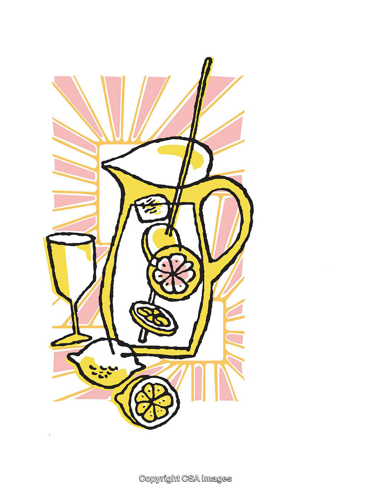 Vibrant Illustration of Lemonade Pitcher with Sunshine and Sliced Lemons