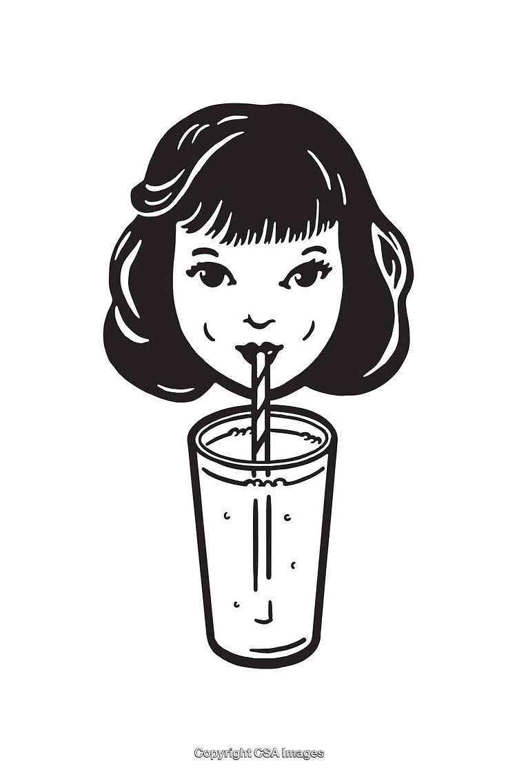 Vintage Illustration of Girl Drinking Through a Glass With a Straw