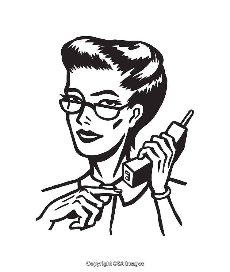Retro Black and White Illustration of a Woman Using a Vintage Mobile Phone